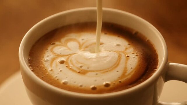 Latte coffee with artistic latte art pattern close up