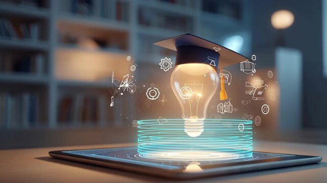 Light Bulb Graduation Cap Education Technology Learning Idea Innovation, Education Light Bulb Tablet Graduation Cap Idea Learning Knowledge Technology Innovation, Education Innovation Idea Concept