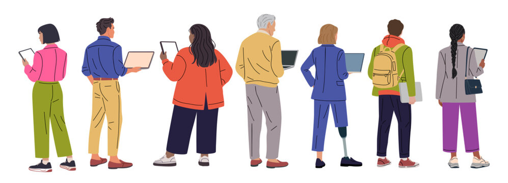 Rear view diverse business people using laptops and tablets, standing in casual poses. Inclusive modern workplace characters, full body flat vector set for remote work, office and technology concepts.
