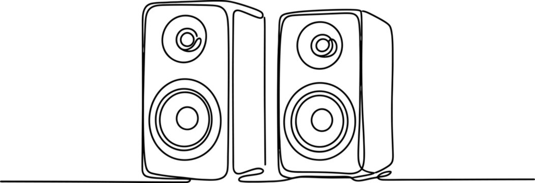 Two audio speakers drawn in a continuous single line art style representing music and sound equipment for home or studio entertainment systems