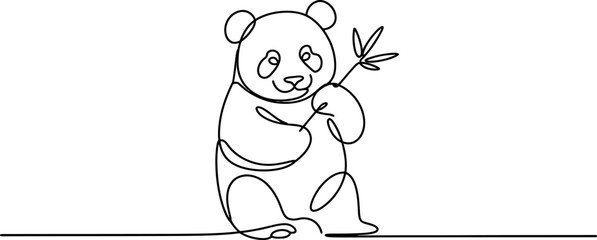 Cute panda bear holding a bamboo branch drawn in a continuous single line art style © Raj Creator