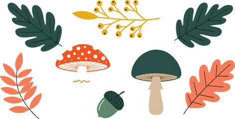 Autumn forest elements collection with mushrooms, leaves, and acorn in flat minimal style, perfect for seasonal design, nature themes, and decorative illustrations © MstLinaAkter