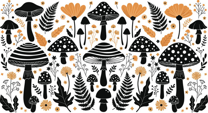 Seamless mushroom pattern with floral and botanical elements in modern decorative style, featuring fungi, leaves, and flowers for autumn design and textile prints