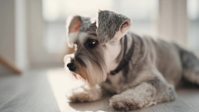 Cute dog lies on the floor in bright room with natural light during the day