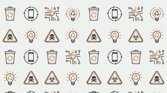 Electronic waste recycling icons and hazardous material symbols arranged in a sophisticated seamless repeating pattern for tech