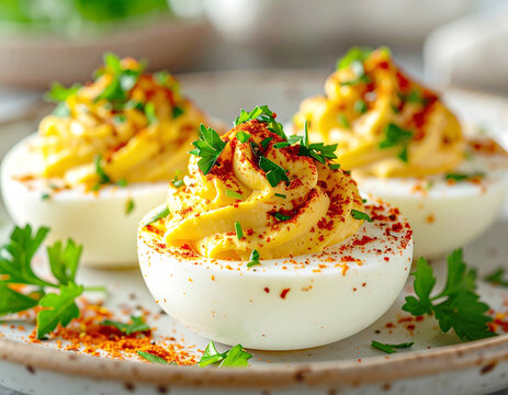 Chipotle deviled eggs, fresh parsley, macro shot. AI