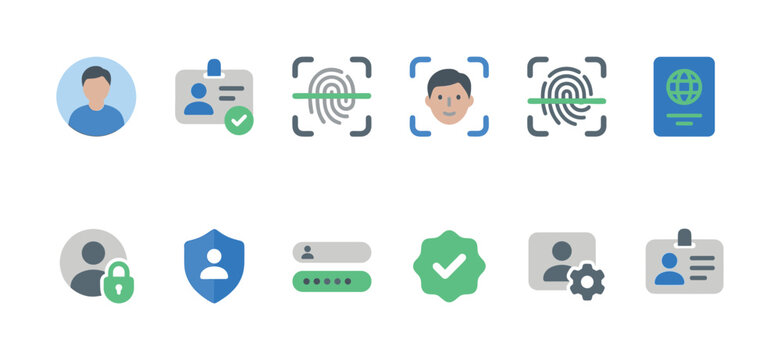A collection of flat design icons representing digital identity, security, and verification processes like fingerprint scanning and passport checks.