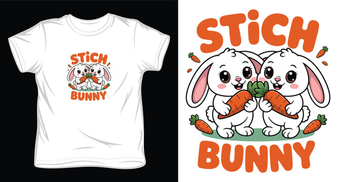 Playful stich bunny duo with carrots vector illustration for stickers and kids t-shirt graphic design.