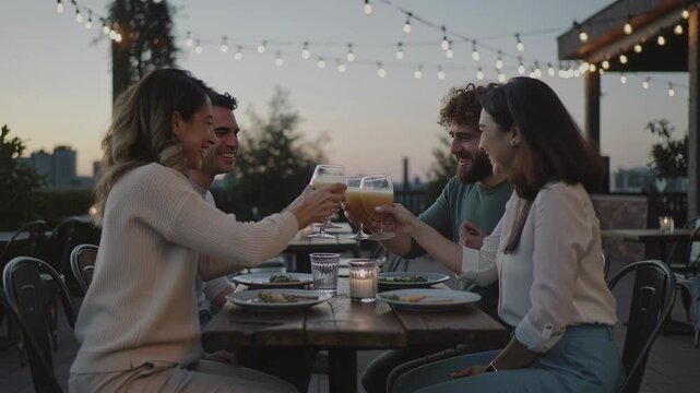 Friends raise a glass of juice and laugh while enjoying dinner at an outdoor restaurant during sunset