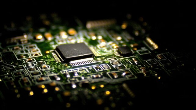 Close-up of a Complex Electronic Circuit Board with Microchip and Components