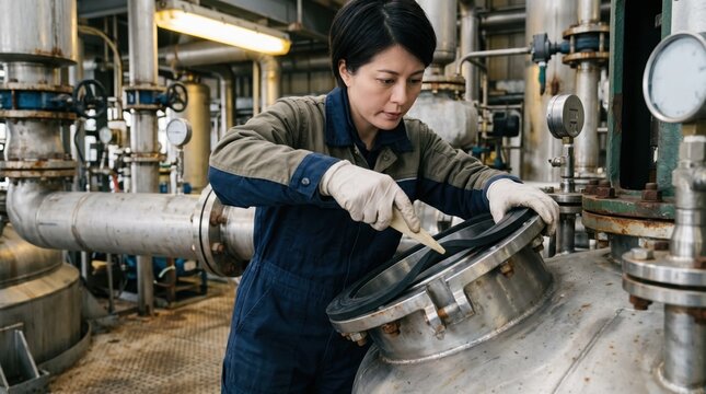 Closeup medium shot of an engineer installing an EPDM gasket focusing on precision and durability against harsh chemical exposure.
