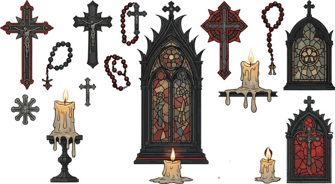 Gothic Religious Vector Set Featuring Ornate Crucifixes Rosary Beads Stained Glass Windows and Melting Candles for Dark Fantasy and Medieval Church Theme Designs