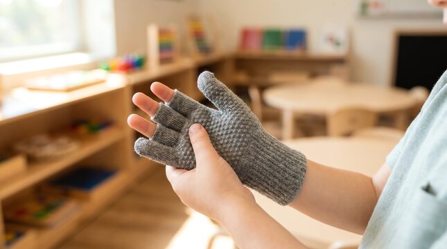 Child hands wearing sensory compression glove tactile autism ADHD classroom
