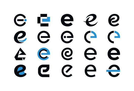 Collection of diverse lowercase letter e logo designs in black and blue