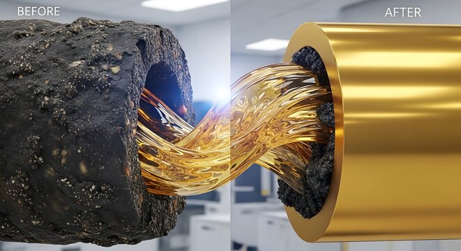 A comparison of a clogged dirty vessel before and after cleaning into a shiny golden pipe with flow.