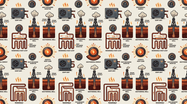 Geothermal heat pump icons and subsurface thermal symbols arranged in a seamless repeating pattern for renewable energy branding.