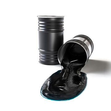 Black oil spilling from metal barrel 3d