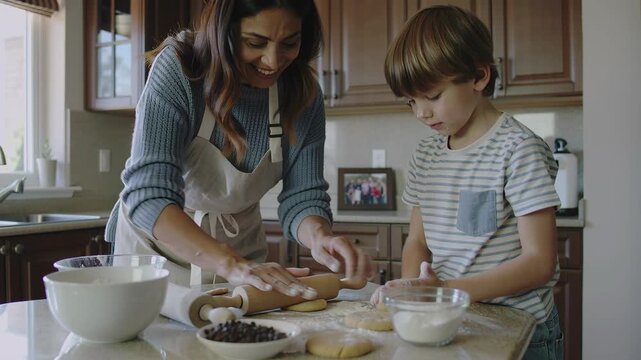 Woman and boy baking cookies in kitchen, rolling dough with pins on a flour-dusted counter, a fun family cooking activity.
