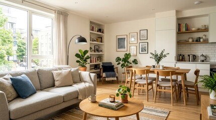 Fototapeta premium A cozy living room with a white couch, wooden floor, and a dining table with chairs and a vase of flowers.
