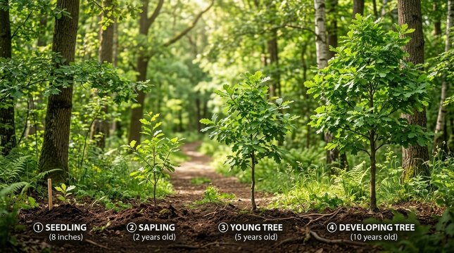 A forest path with young trees and saplings, with a seedling and a sapling labeled as 6 inches and 2 years old, a young tree labeled as 5 years old, and a developing tree labeled as 10 years old.