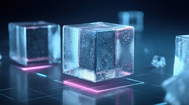Detailed capture of a crystalline data structure cube glowing with neon pink and blue light against a digital grid background