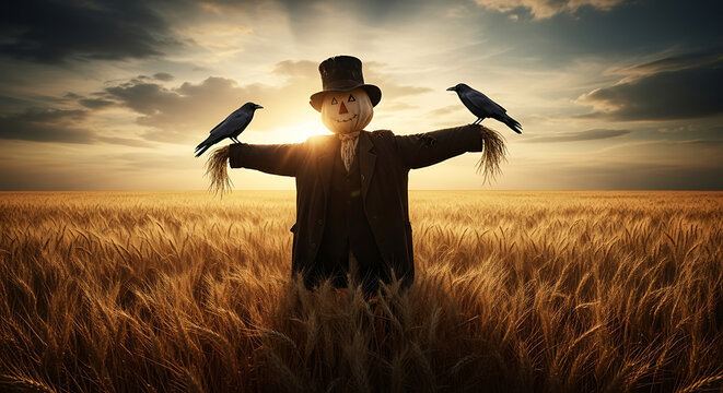 Scarecrow Standing Tall in a Golden Wheat Field Under a Dramatic Sunset Sky with Two Crows