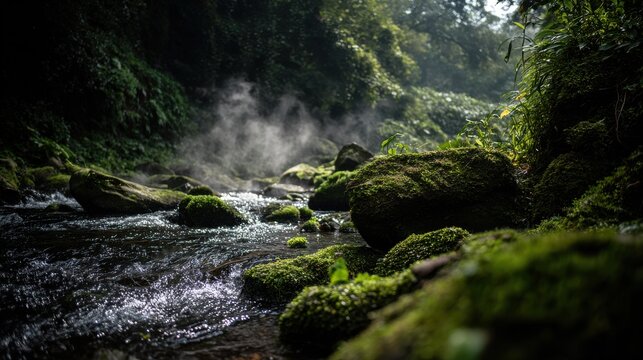 Gentle cascade of water tumbling over moss-covered rocks in a misty forest.