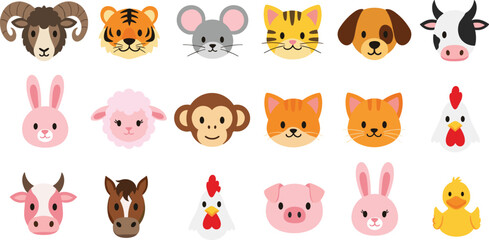 Farm Animal Face Icons Set with Cow Pig Chicken Sheep Horse Rabbit Cat Dog and Cute Cartoon Characters for Kids Designs © Lota