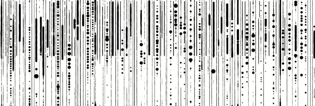 Vertical black lines and dots creating abstract pattern. Vertical black lines and varying dots forming a dynamic, abstract monochromatic background pattern