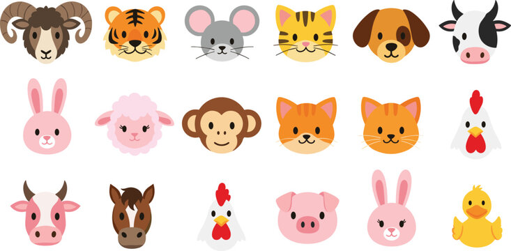 Farm Animal Face Icons Set with Cow Pig Chicken Sheep Horse Rabbit Cat Dog and Cute Cartoon Characters for Kids Designs