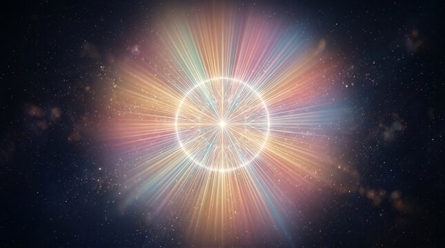 Abstract cosmic explosion with radiant light beams and colorful particles