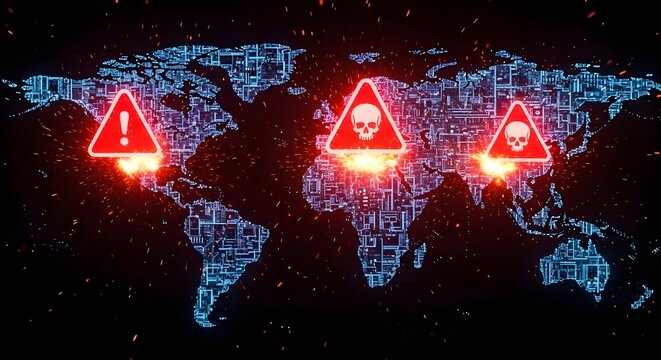 Digital world map with circuit patterns and glowing red warning triangles for global cyber security.