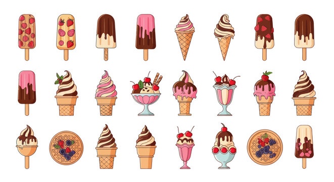 Variety of ice cream, popsicles, and waffles with berries