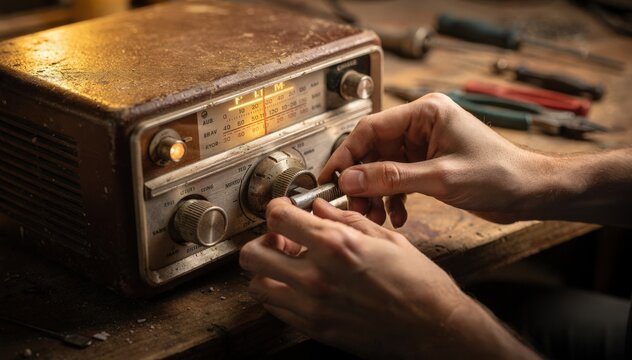 Closeup of hands delicately tuning vintage radio knobs restoring AMFM clarity while background tools blur softly in a warm workshop setting.