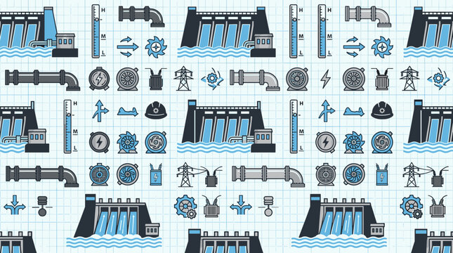 Hydroelectric dam silhouettes and water flow power symbols arranged in a sophisticated seamless repeating pattern for industry