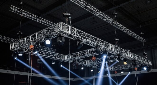 Detailed Metallic Truss System Holding Various Lighting Fixures for Event Illumination