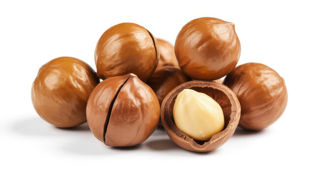 Pile of raw macadamia nuts with one cracked open showing the white kernel on a white background