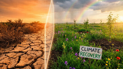 Obraz premium Climate recovery concept showing cracked dry land transforming into green healthy environment.