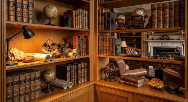 A grand vintage library corner filled with antique books and globes, showcasing timeless knowledge and scholarly pursuits.