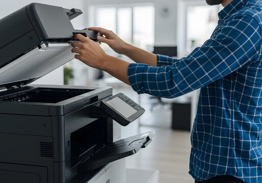 Businessman Using Modern Office Multifunction Printer for Scanning and Document Copying