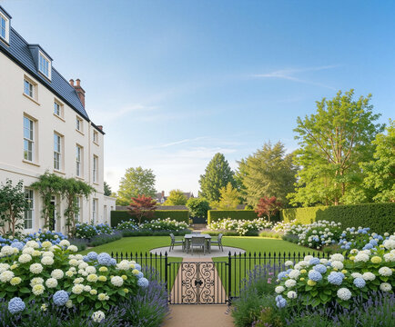 Luxury modern house exterior with elegant landscaped garden, blooming hydrangea flowers, green lawn and outdoor dining area under blue sky.