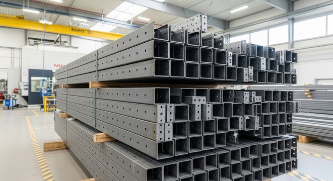 Neatly stacked modular steel framing components ready for industrial construction projects