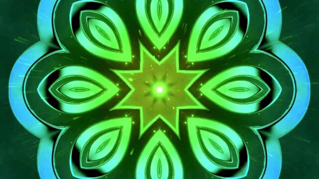 Green geometric petals rotate in a kaleidoscope pattern with glowing central light and sparks.