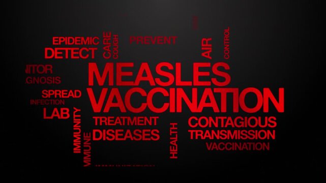 Measles vaccination concept Animated Tag Word Cloud kinetic typography, Text Design Animation typography seamless loop video motion graphics Intro Wordart red type on black background bg backdrop