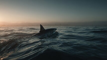Fototapeta premium Dramatic Shark Dorsal Fin Cutting Through Calm Ocean Surface at Golden Sunset Light. AI generated image