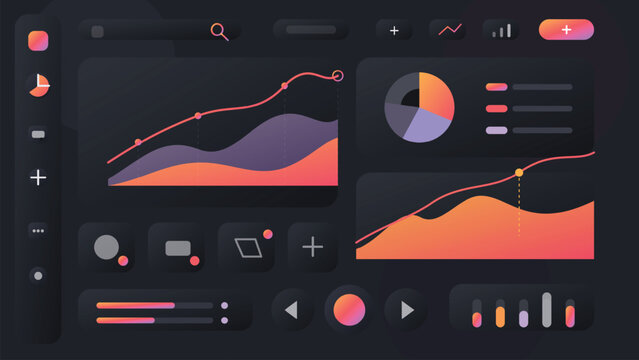 Dark analytics dashboard interface with growth charts pie graph KPI widgets neon SaaS admin panel template for reporting software systems