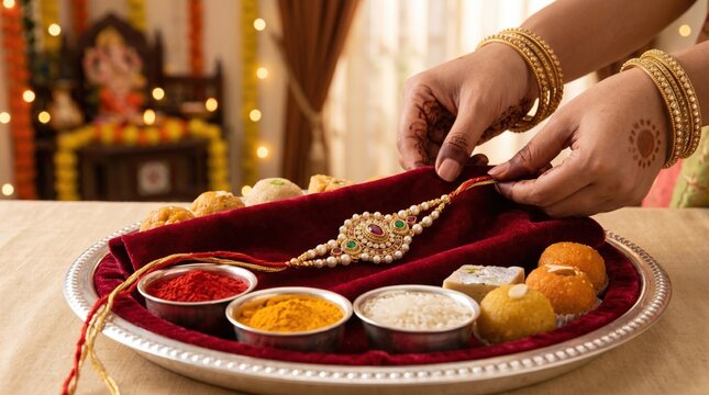 Close-up of hands preparing a Raksha Bandhan thali with an ornate rakhi, colorful powders, sweets, and jewelry