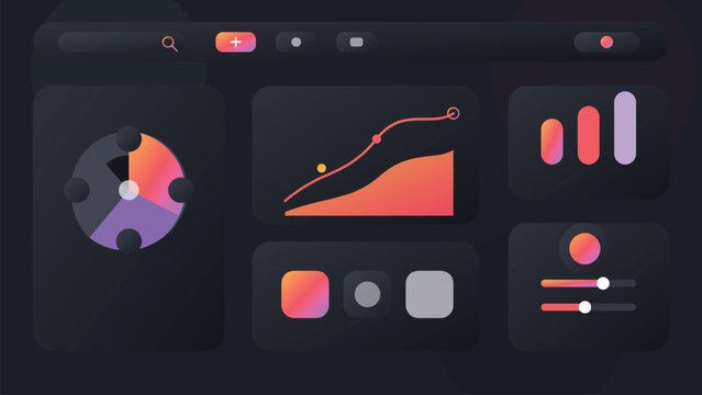 Dark analytics dashboard interface with growth graph radial chart neon SaaS admin panel template for reporting systems