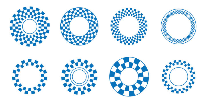 Geometric Checkerboard Circles &ndash; Radial Checkered Rings and Round Pattern Vector Set