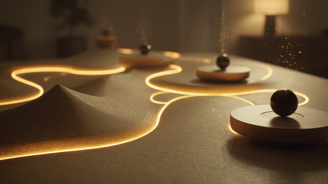 Abstract flowing illuminated lines and circular forms on a textured surface